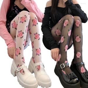 Calcetines de mujer, medias transparentes con estampado de rosas francesas Vintage, pantimedias para chica japonesa JK, medias con zona para el pie sedosas sexis, medias finas