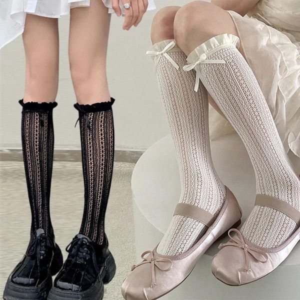 Calcetines de mujer Vintage medias japonesas volantes largos Lolita Boeknot encaje blanco hasta la rodilla calcetín dulce niñas arco medias hasta el muslo