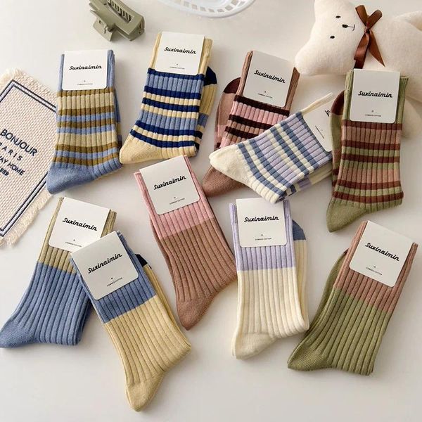 Chaussettes Vintage à rayures pour femmes, tricot en coton de haute qualité, Style coréen, multicolore, pour écolière, Skateboard, chaussettes de sport, bonneterie