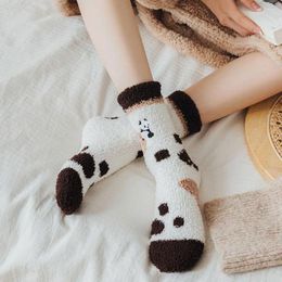 Chaussettes chaudes pour femmes, intérieur thermique en molleton de corail, broderie Panda, automne hiver, pour dormir à la maison