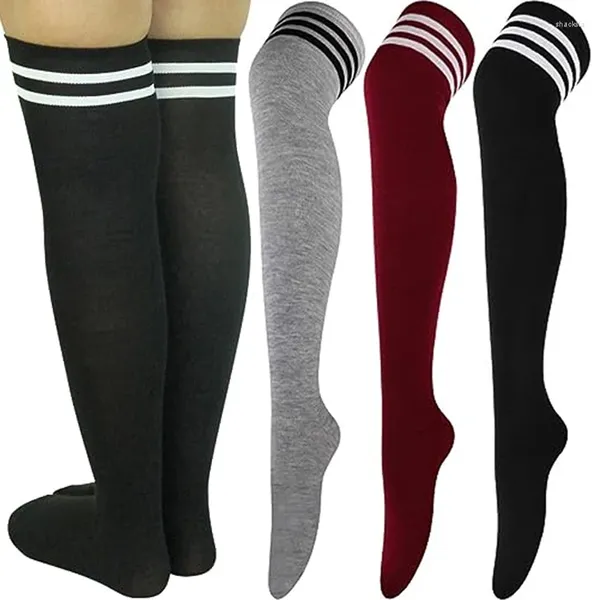 Femmes chaussettes chaud rayé coton bas cuisse haute grande taille au-dessus du genou longues Leggings Lolita noir blanc Sexy bonneterie cuisses chaussette