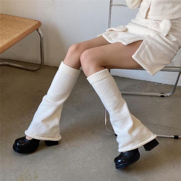 Chaussettes blanches japonaises JK pour femmes, manchettes de bottes d'hiver, longues et chaudes, Lolita Harajuku, ensembles de chaussettes en tricot, jarretelles de cuisse en fourrure