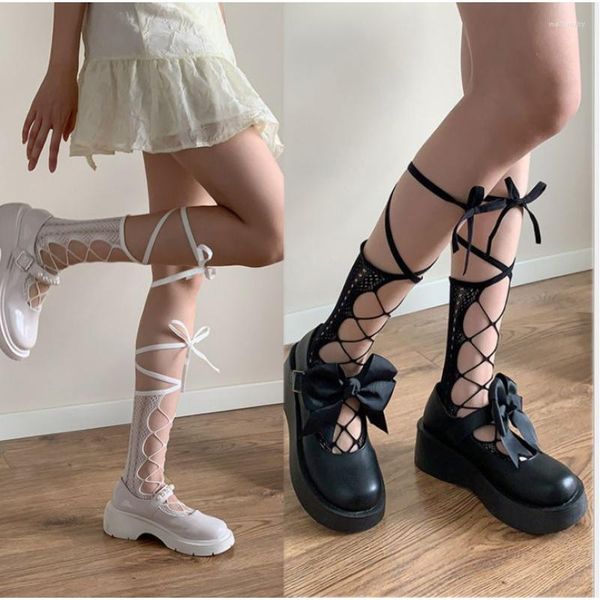 Calze da donna White Lolita Cross Strap Summer Thin Women's Calf Japanese Style Students JK Leg Beauty Tube Calze a rete