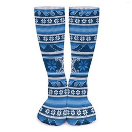 Chaussettes de femmes hiver Blue nordique rétro imprimé harajuku bassages couple de conception de running soft conception anti-glissement