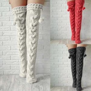 Chaussettes d'hiver pour femmes, gros câble tricoté, cuisse haute, boule en peluche, nœud papillon au-dessus du genou pour bas Extra longs, couverture de botte, jambe solide