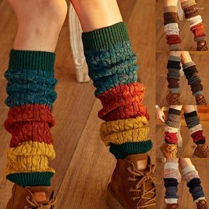Vrouwen sokken winter dikke twist -kabel gebreide Japanse drievoudige kleurblok stiksel laars manchetten bedekken faux wol dikker