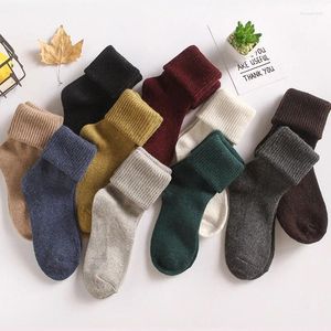 Chaussettes d'hiver en coton pour femmes, couleur unie, laine épaisse, chaude, longue, thermique, neige moelleuse, Tube central