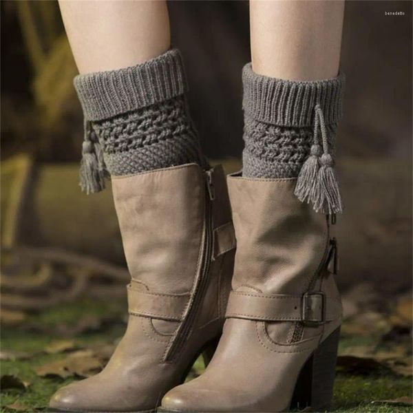 Calcetines de mujer Invierno Crochet Tobillo Calentador Bota de punto con borla corta