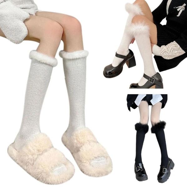 Chaussettes d'hiver Harajuku pour femmes, garniture en fourrure, mollet Long chaud, étudiant japonais, Tube aux genoux, bas hauts