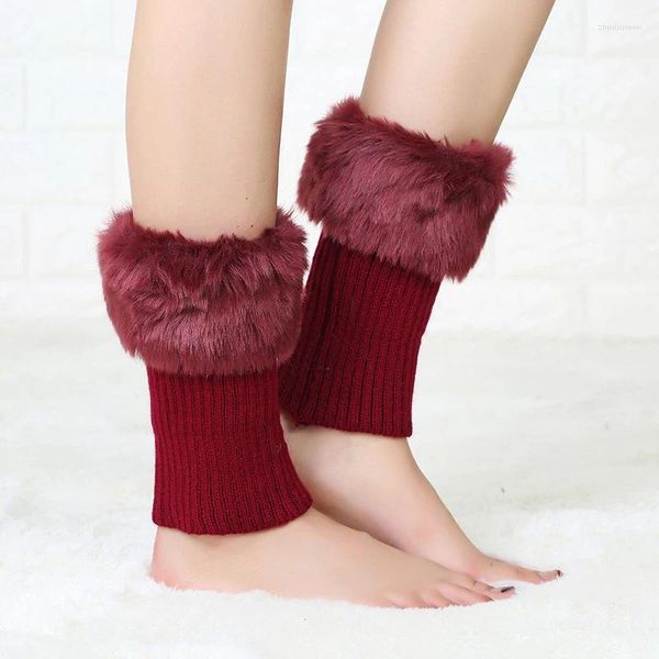 Calcetines de invierno para mujer, calentadores de piernas de felpa, mangas térmicas cortas de punto, lana de Color sólido a la moda