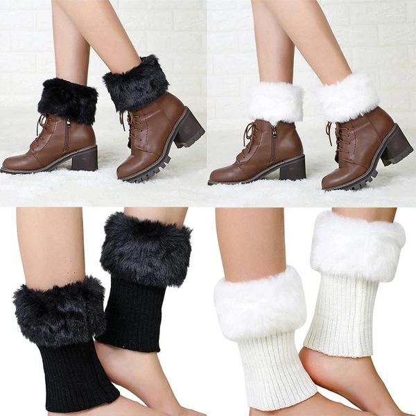 Mujeres calcetines de invierno peluche calentador de piernas cortas espesadas botas de vellón cubierta moda de lana de tejido de color sólido