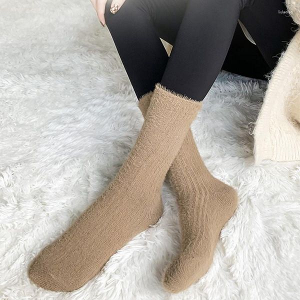 Calcetines de invierno gruesos y cálidos para mujer, calcetín de suelo suave para niñas, tubo medio, cómodo, Color sólido
