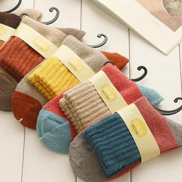 Chaussettes chaudes d'hiver pour femmes, couleur bonbon, Patchwork, laine épaisse, chaussettes tricotées pour filles, chaussettes à rayures douces, cadeaux Soxs à la mode