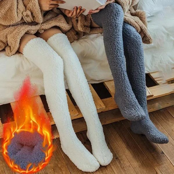 Chaussettes chaudes d'hiver en molleton de corail pour femmes, bas hauts aux genoux, Harajuku, couleur unie, épais, Long Tube d'intérieur pour dormir