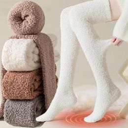 Chaussettes chaudes d'hiver en molleton de corail pour femmes, au-dessus du genou, pour la maison, en peluche, longues chaussettes Jk, solides, douces, cuisses amusantes