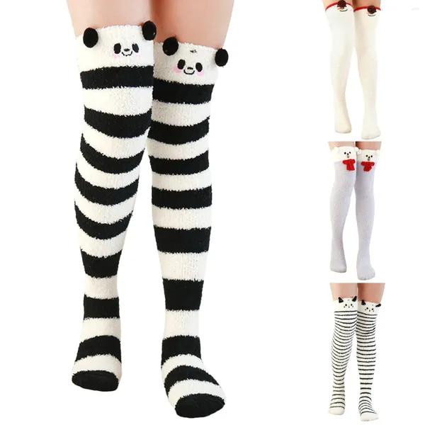 Chaussettes chaudes en molleton de corail pour femmes, au dessus du genou, en peluche, Lolita, pour dormir à la maison, longues, Jk Panda, cuisses amusantes, 2024