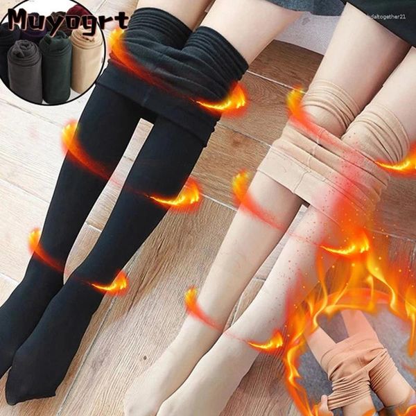 Femmes chaussettes hiver chaud collants couleur unie polaire extensible collants mince thermique bas taille haute effet peau Leggings femme pantalon