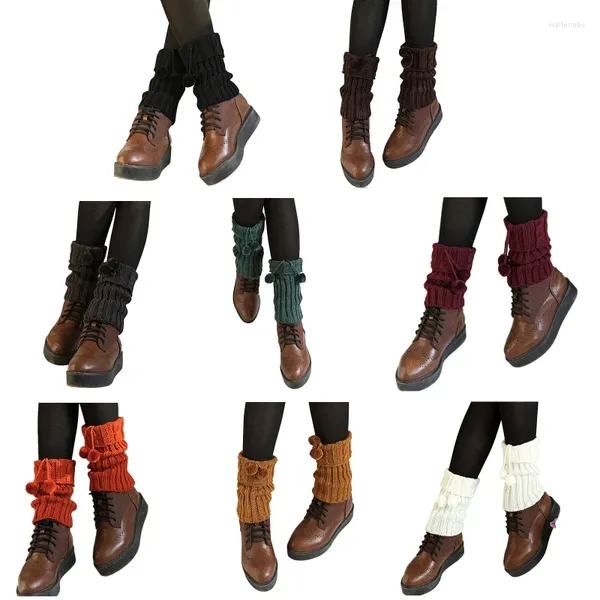 Calcetines de invierno cálidos para mujer, tejido con Cable giratorio, puño giratorio, bola de pelo de felpa, lazo, cubierta de bota corta de Color sólido 37JB