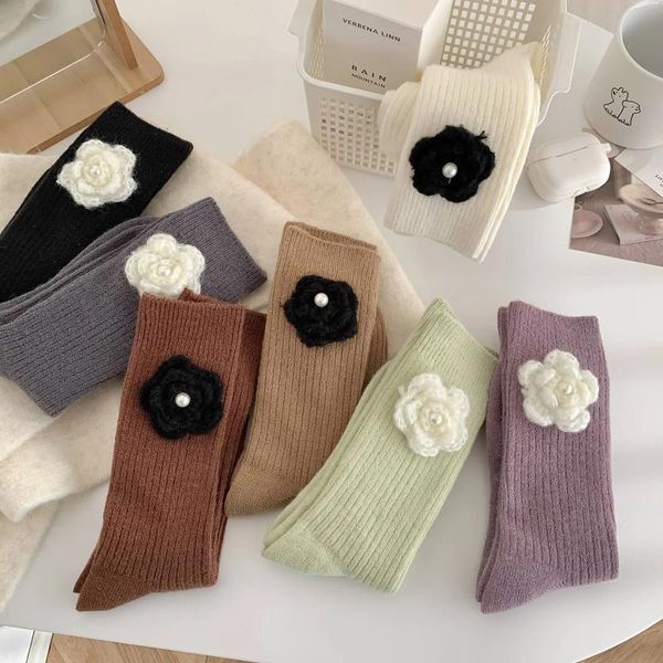 Femmes chaussettes femme pour Socken Damen Sokken Vrouwen laine tricoté fleur Ins tendance mode doux mignon