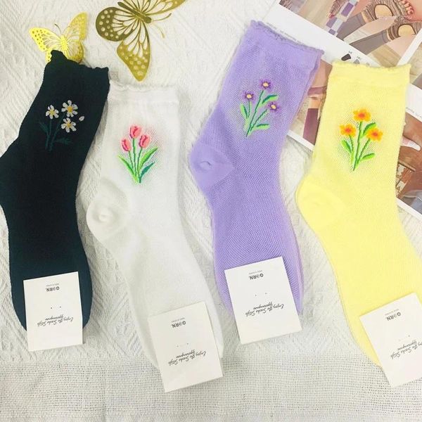 Calcetines de mujer calcetín fino para tripulación gasa Sox algodón coreano estampado de flores suave Kawaii Primavera Verano Casual señoras medias