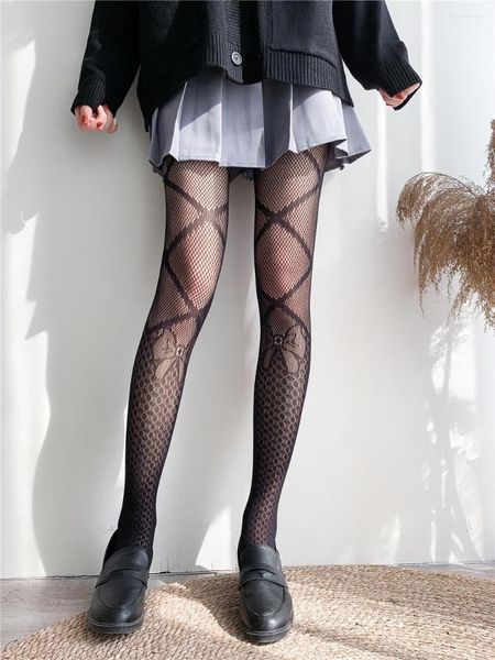 Chaussettes Femmes Cravate Noire Bowknot Motif Et Pois Jacquard Collants Nylon Mesh Bas Sexy Évider Résille Lolita Collants