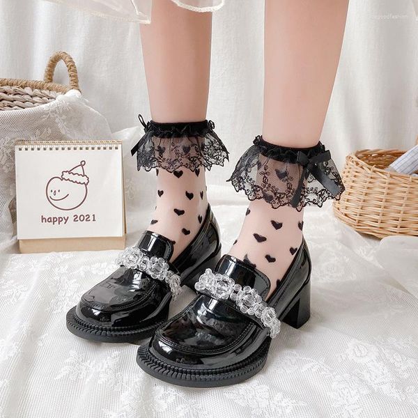 Femmes Chaussettes Femmes Lolita Transparent Maille Dentelle Japonais Moyen Tuyau D'été Mince Respirant Amour Arc Mignon