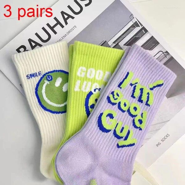 Chaussettes pour femmes, 3 paires de visages souriants mignons 3D, tendance anglaise INS, polyvalentes, personnalisées, sport en Tube HZ102