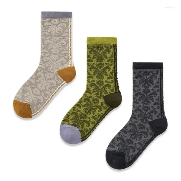 Chaussettes en coton peigné pour femmes, cuissardes hautes imprimées, lignes de motif d'herbe bouclée, mi-mollet, rétro coréen