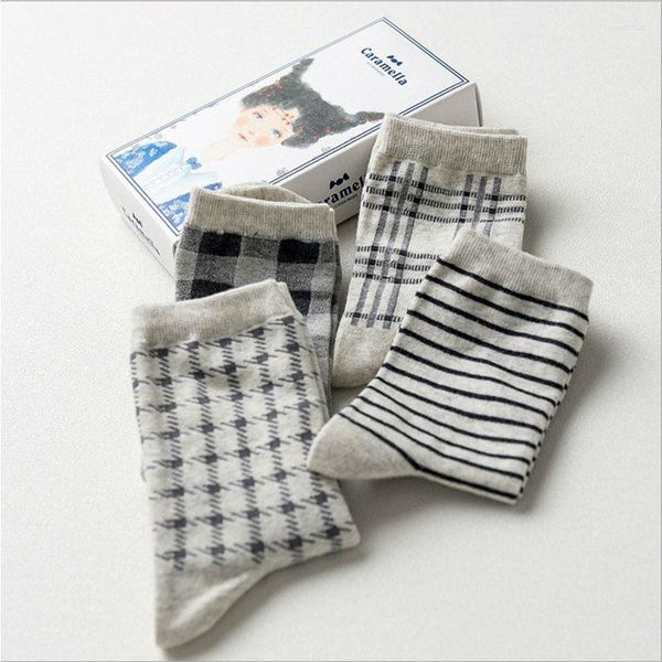 Femmes chaussettes femmes coton Jacquard quotidien dames filles printemps automne mode boîte-cadeau emballage Tube Sox haute qualité grille rayure