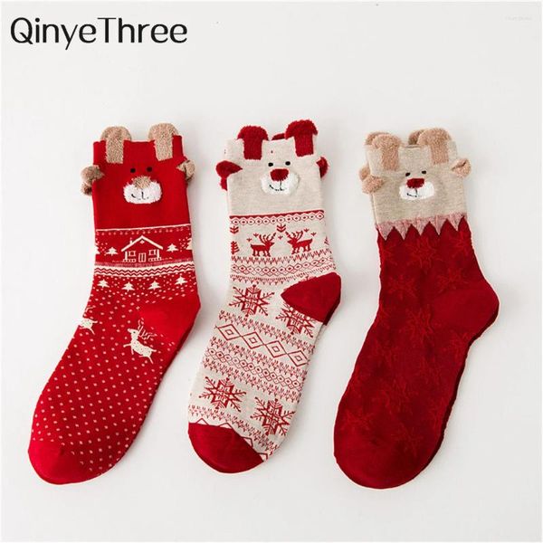 Calcetines de mujer bonitos térmicos árbol de Navidad Santa Claus alce muñeco de nieve regalo de Navidad para niñas invierno cálido suave rojo Sokken Dropship