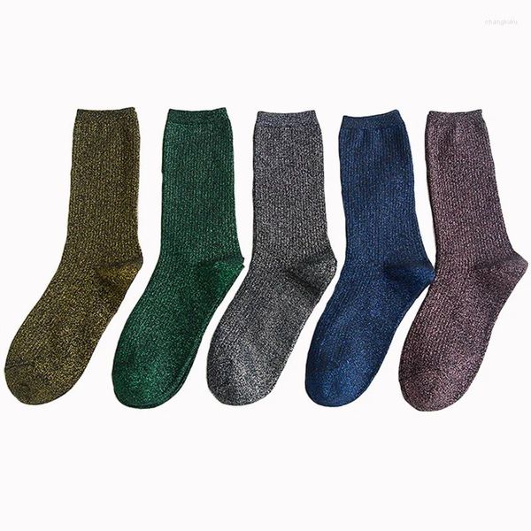 Calcetines de mujer de filigrana para primavera y otoño, seda dorada y plateada tejida, transpirable, con brillos de colores, calcetines brillantes a la moda para mujer, regalos