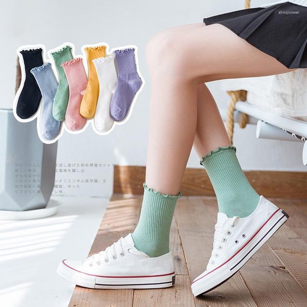 Femmes chaussettes femmes heureux volants froufrous noir blanc violet mignon automne hiver à la mode couleur unie doux coton fille 2023