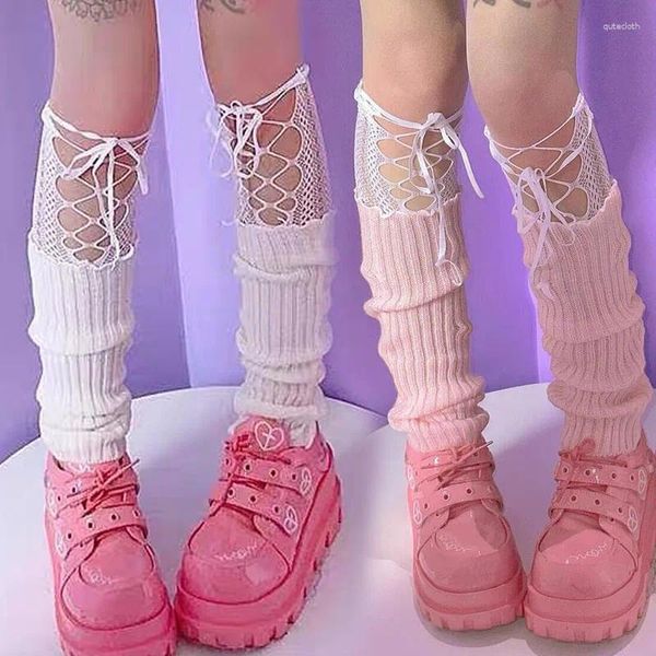 Lotita – chaussettes tricotées pour femmes, couvre-jambes tricotés, jambières avec nœud en dentelle JK, sangle croisée d'hiver, poignets de bottes longs sur les genouillères
