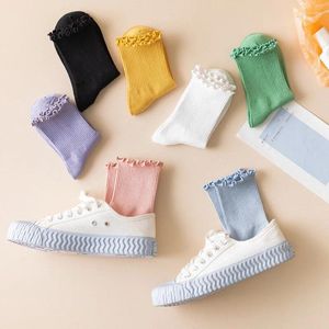 Chaussettes pour femmes de longueur moyenne, confortables, respirantes et de couleur unie, bord d'oreille en bois