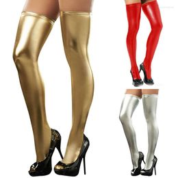 Calcetines de mujer, medias brillantes de aceite para mujer, aspecto húmedo de cuero de PVC, Sexy, para discoteca, hasta la rodilla, de talla grande, lencería, medias de látex