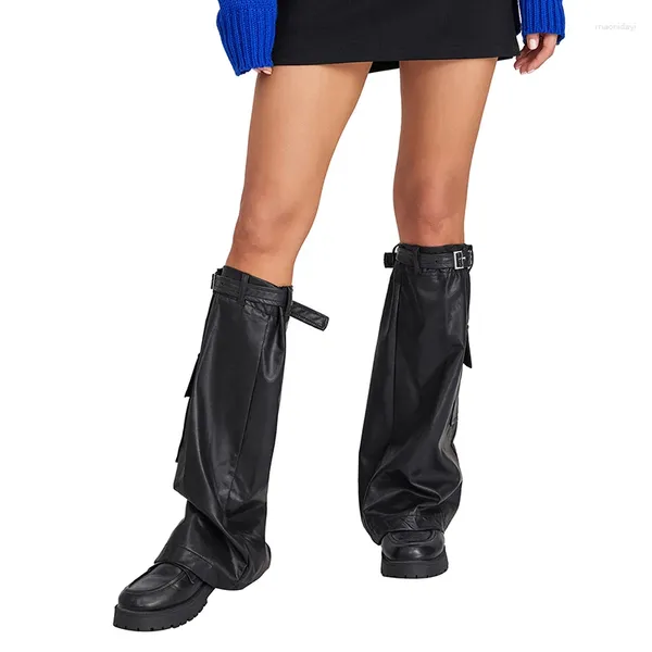 Calcetines de mujer de cuero PU, cubierta de puños para botas, ropa de calle, accesorios, hebilla de Metal, Punk oscuro hasta la rodilla
