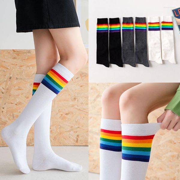 Femmes chaussettes femmes pur coton arc-en-ciel été mince long bas noir blanc femme cuisse haute mignon fille couleur genou