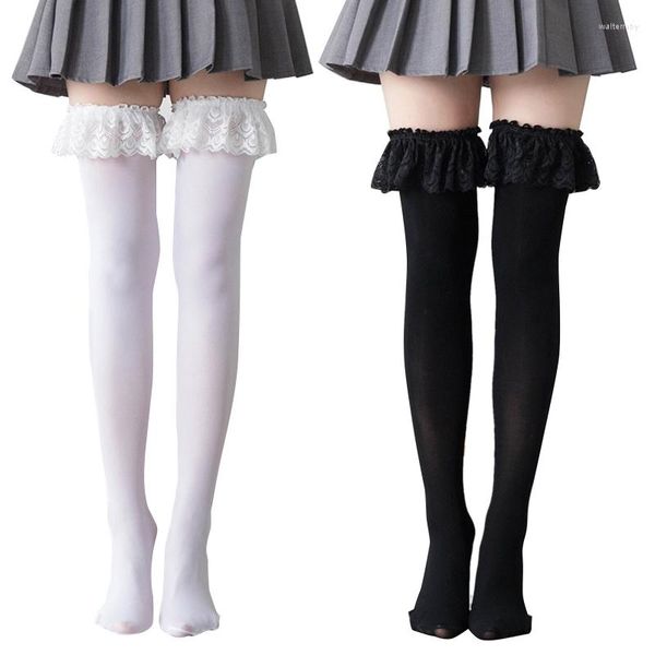Femmes chaussettes femmes japonais Anime cuisse haute Lolita gothique dentelle volants garniture bas