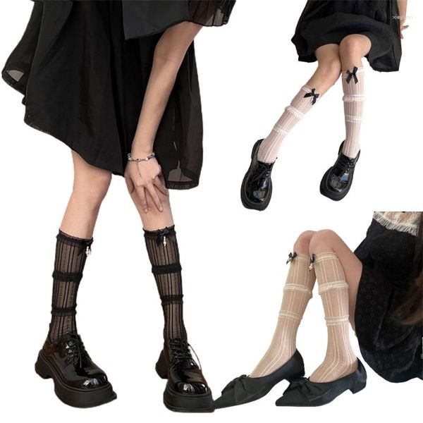 Calcetines de mujer Verano para mujer Ballet Lacy Style Bow Tie Stocking Calado Encaje Rayas Fishnet Calcetín largo hasta la rodilla