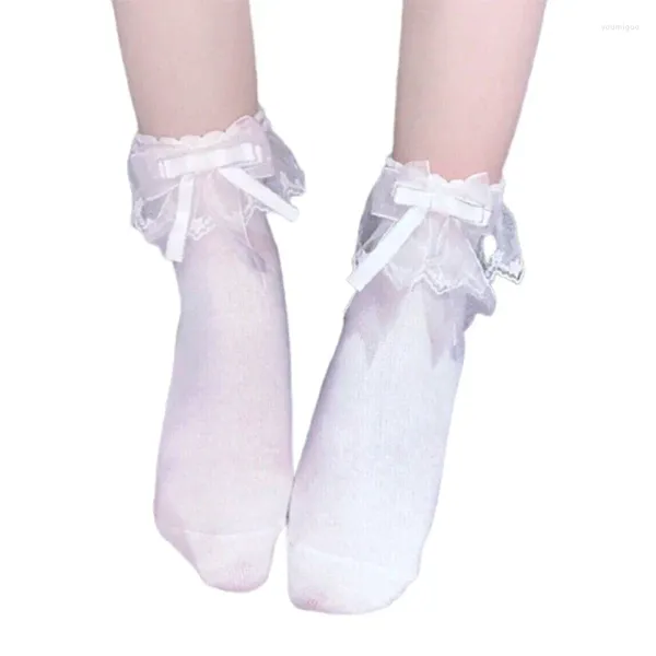 Chaussettes en coton pour femmes, doux, à volants, garniture en dentelle, cheville, japonais JK, fille, ruban, nœud papillon, Tube central, J78E