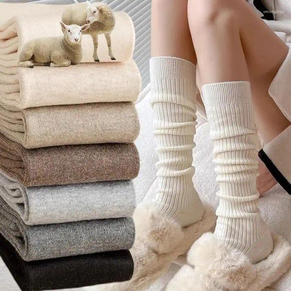 Calcetines largos de lana y Cachemira para mujer, medias largas gruesas y cálidas hasta la rodilla, punto japonés de Color sólido, Otoño e Invierno