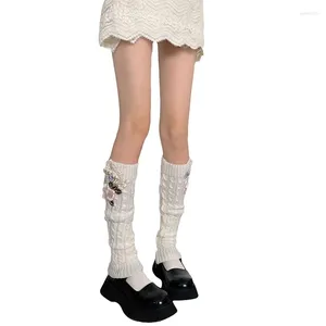 Vrouwen Sokken Xingqing Gebreide Y2k Winter Warm Kniehoge Met Bloemen Applique Boot Manchetten Kawaii Lolita Slouch