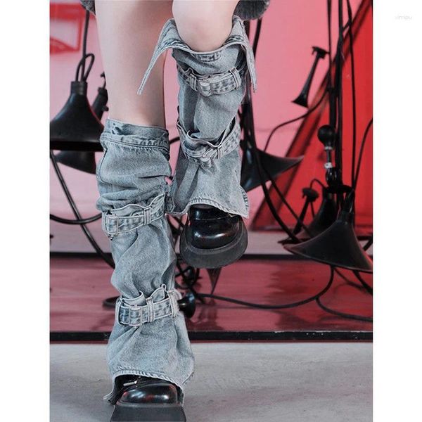 Chaussettes de femmes Y2K Denim Knee High Harajuku Buckle Jean Punk Gothic Cover Stockings Streetwear