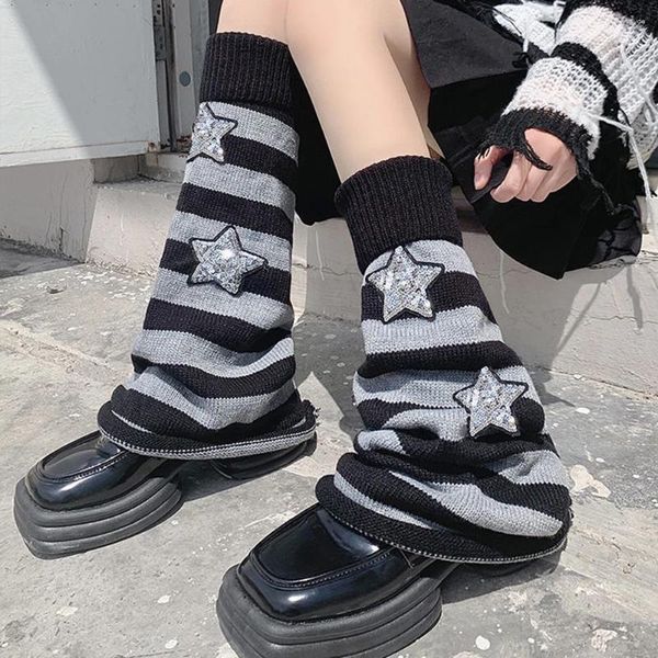 Calcetines de mujer Y2K Harajuku japonés niñas hueso rayas estrellas tejido protector elástico medias largas de bota alta