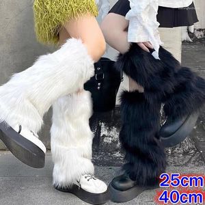 Chaussettes Y2K pour femmes, bas chauffe-jambes, couvre-bottes moelleux, blanc, noir, longueur aux genoux, Long, doux, fausse fourrure, Legging gothique, hiver