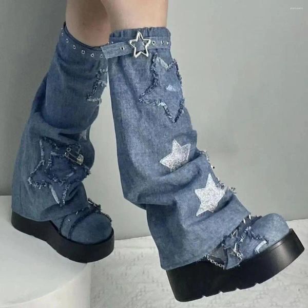 Chaussettes Y2K pour femmes, jambières épicées pour filles, couvre-jambes en Denim avec étoiles brodées, Lolita, longues et fines, guêtres de mollet évasées, manchettes de bottes