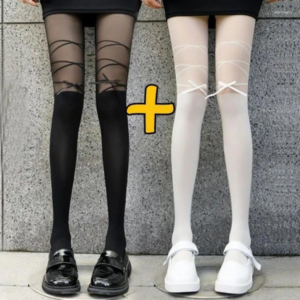 Chaussettes Y2K pour femmes, bas à coutures avec nœud, Lolita japonaise, Section fine, cuisses hautes blanches, collants noirs Jk