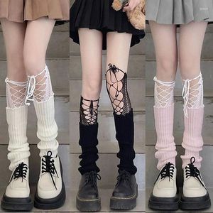 Vrouwen Sokken Y2K Zoete Gebreide Kawaii JK Lotita Kant Boog Leggings Cross Strap Tie-up Lange Over de Knie streetwear Boot Manchetten