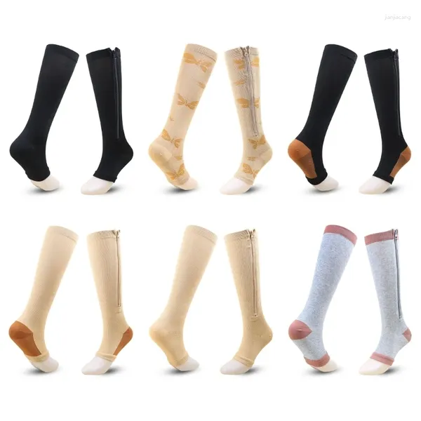 Calcetines de mujer con cremallera de compresión para y hombres por encima de la pantorrilla hasta la rodilla 15-20 mmHg medias con punta abierta para caminar