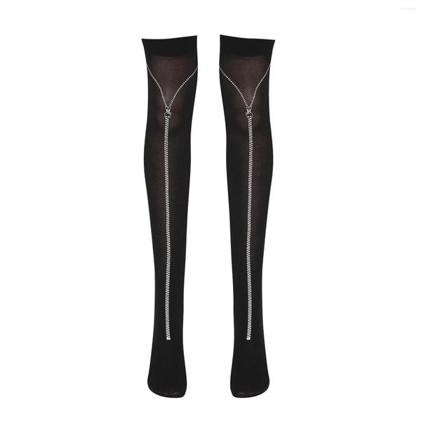 Calcetines con patrón de cremallera para disfraz de fiesta de disfraces de Halloween, medias transparentes por encima de la rodilla, lencería Sexy de rejilla para mujer